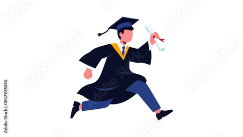 Happy male graduate running with diploma, celebrating academic success and future career.