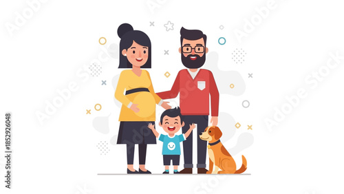 Happy family with pregnant mother, father, child, and dog.