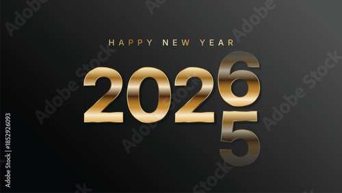 Happy New Year 2026 golden typography transition from 2025 on elegant black background, simple premium and luxury new year template design, EPS vector