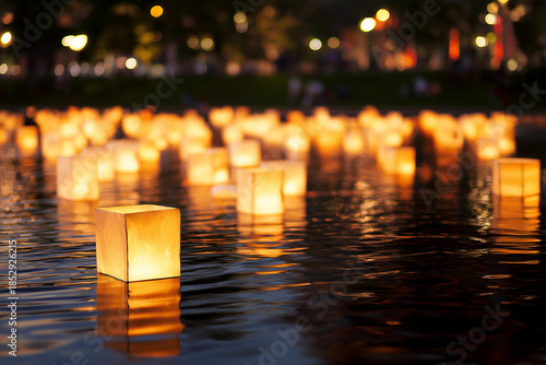 Wallpaper Mural Floating lanterns illuminate a serene water surface at night, creating a magical ambiance with reflections and soft glows, enhancing the tranquil atmosphere of the scene Torontodigital.ca