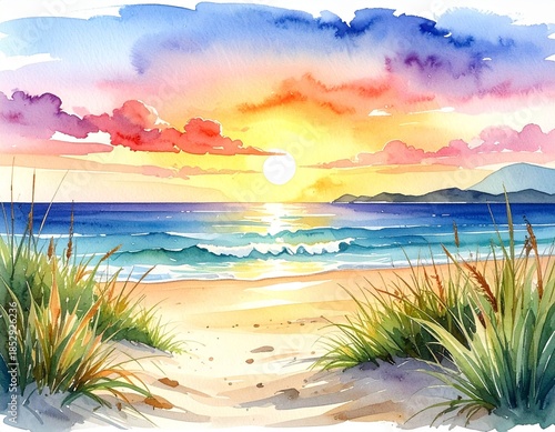 hand drawn watercolor painting of sunset beach and grass. Seascape painting 