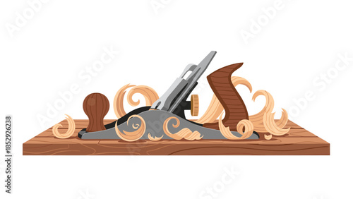 Traditional wood plane rests on a wooden plank, surrounded by beautiful, curled wood shavings, evoking the craftsmanship and precision of carpentry and woodworking.