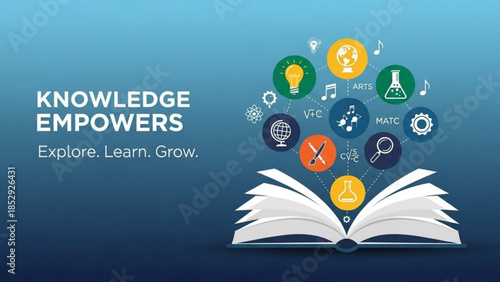 Open book with glowing icons representing knowledge and learning concept for education science and innovation on a blue gradient background