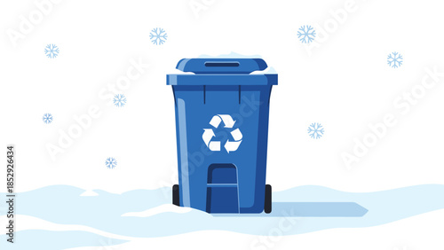 A blue recycling bin with a clear recycle symbol sits covered in snow as snowflakes gently fall around it, symbolizing winter recycling.