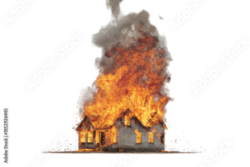 House engulfed in flames with thick smoke billowing from the burning structure