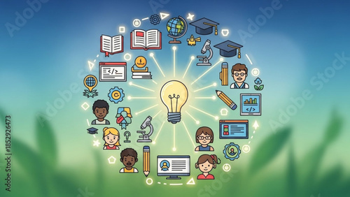 Bright idea concept with education and learning icons representing knowledge and innovation perfect for academic or business presentations