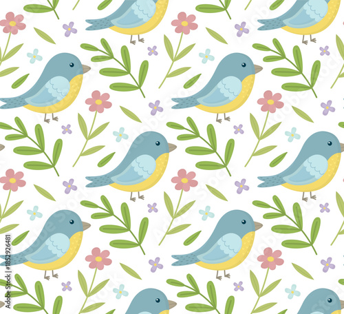 Seamless pattern with birds, flowers and leaves. Botanical spring background in pastel tones