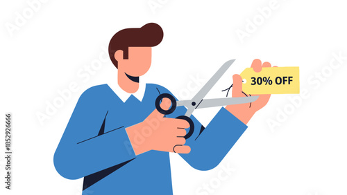 Man cutting a 30 percent off discount coupon with scissors.
