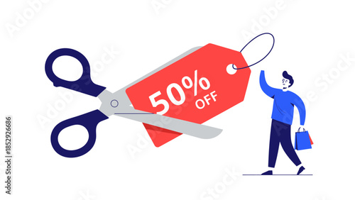 Man cutting a 50 off tag with scissors, symbolizing discount and savings.