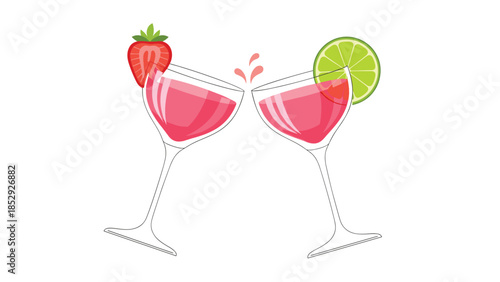 Two elegant cocktail glasses clink together, filled with vibrant pink drinks and garnished with a strawberry and lime, symbolizing celebration.
