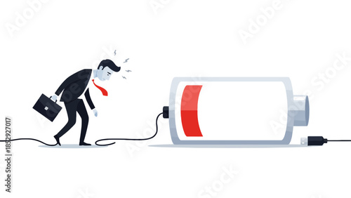 A businessman with a low battery symbol on a white background.