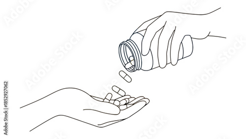 A hand pours pills from a bottle into another open hand.
