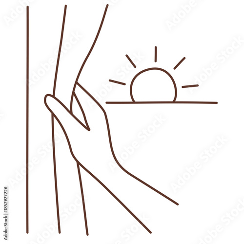 Hand Opening Curtain with Morning Sun Line Illustration