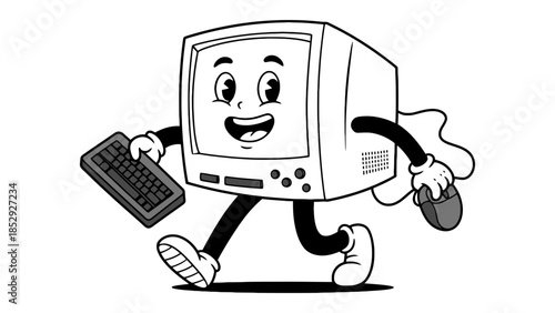 A cartoon computer character runs with a keyboard and mouse.