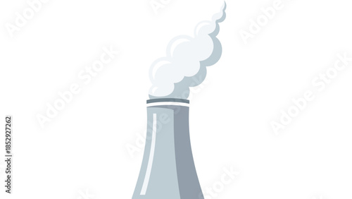 A towering grey cooling tower or smokestack releases a thick plume of white smoke into the air, representing industrial emissions and air pollution.