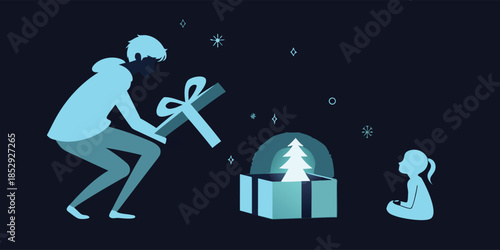 Christmas greeting card vector dark navy blue. A parent in a light blue hoodie kneels to open a glowing gift box containing a miniature christmas tree for a small child