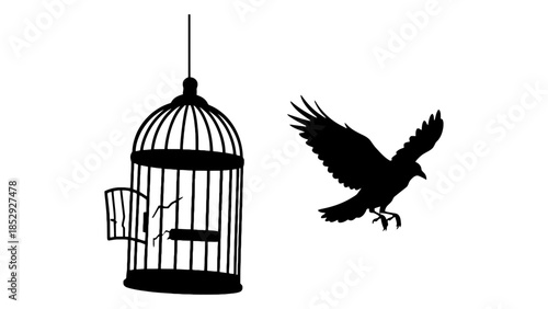 A bird flies away from an open cage.
