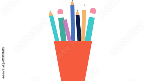 A collection of colored pencils stands upright in an orange cup.