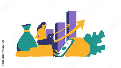 A woman works on a laptop next to a rising graph and money bag.