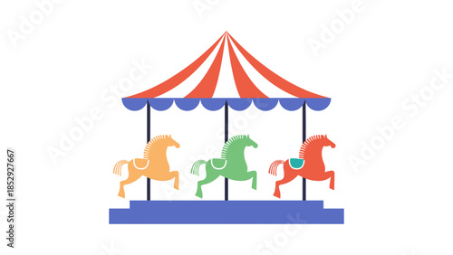 A colorful carousel with three horses stands under a striped canopy.