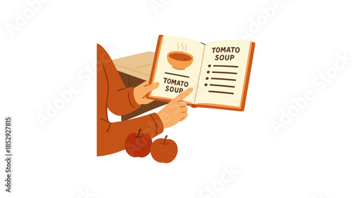 A person reads a recipe for tomato soup from a cookbook.