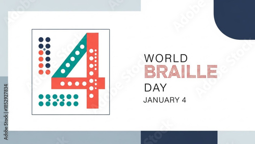 World Braille Day graphic with stylized number 4 and text celebrating January 4th perfect for awareness campaigns and educational materials
