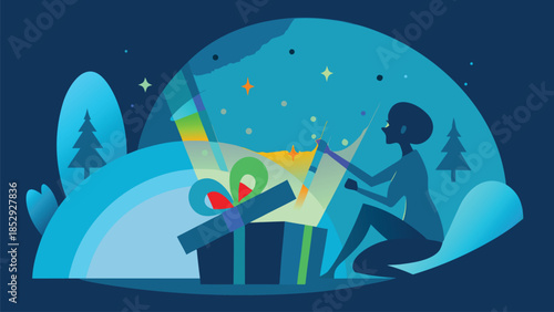 Modern new year greeting card vector illustration of a silhouetted figure kneels in a magical blue winter landscape while opening a glowing gift box that radiates bright golden starlight