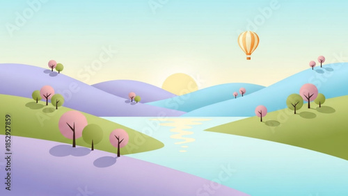 Pastel landscape with rolling hills a winding river and a hot air balloon serene nature scene for travel and relaxation concepts