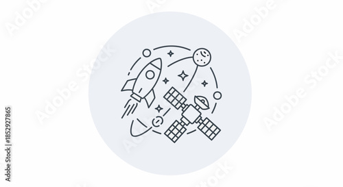 Space exploration rocket and satellite orbiting planets in universe.