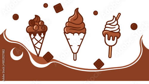 Three chocolate ice cream cones are depicted with a wavy chocolate background.