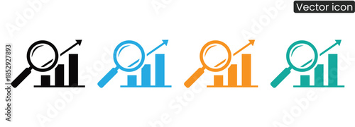Vibrant vector icons featuring magnifying glasses on bar graphs, perfect for business and finance concepts