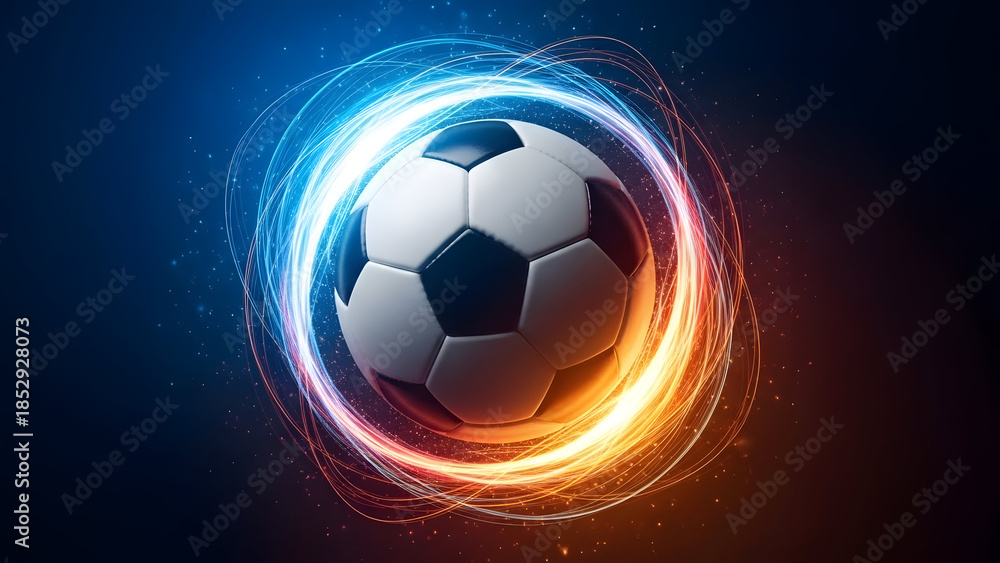 Naklejka premium Dynamic glowing soccer ball with swirling energy light trails and fiery effects on dark background