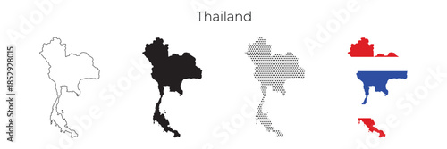 Thailand map illustration set with outline, solid silhouette, dotted style, and national flag design.
