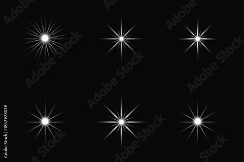 Six white starbursts on black background