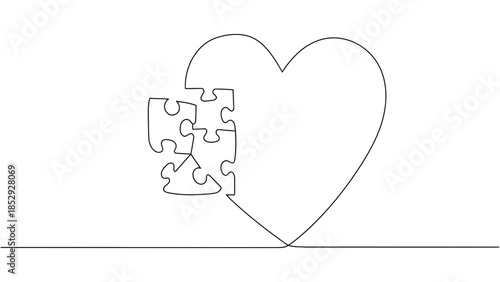 A heart shape is completed with puzzle pieces in a continuous line drawing.