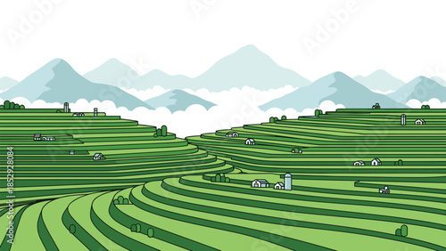 Stylized green rice terraces with tiny houses and silos are nestled amidst rolling mountains and soft clouds, showcasing a harmonious rural landscape.
