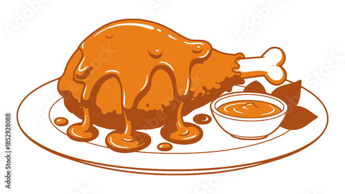 A delicious chicken leg covered in sauce is served on a plate with dipping sauce.