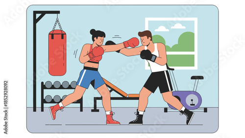 Two people are boxing in a gym with a punching bag and exercise equipment.