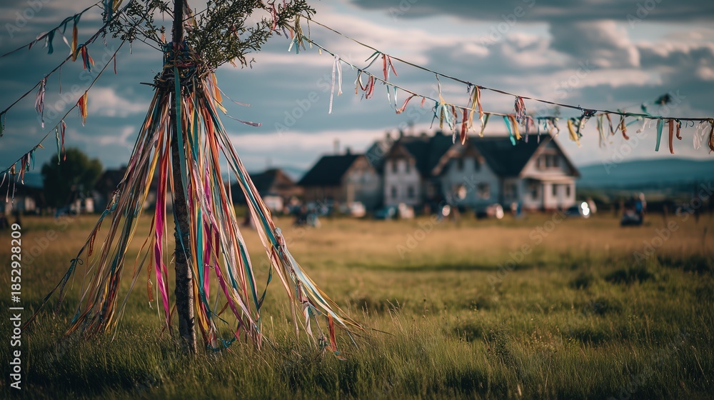 Naklejka premium Colorful Maypole Ribbons in Rural Meadow
