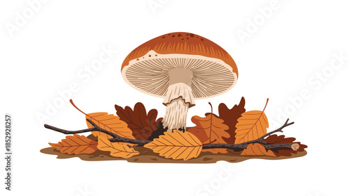 A brown mushroom with a distinct white underside is nestled among a bed of fallen autumn leaves and small twigs, capturing the essence of fall.
