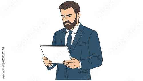 A man in a suit looks intently at a tablet computer.