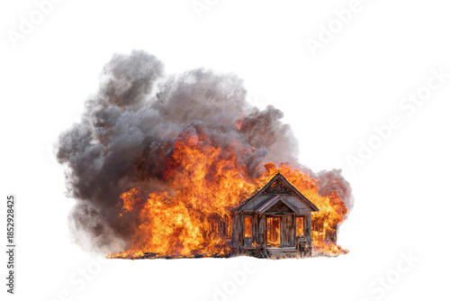 A small wooden structure consumed by raging flames and dense plumes of smoke against black background