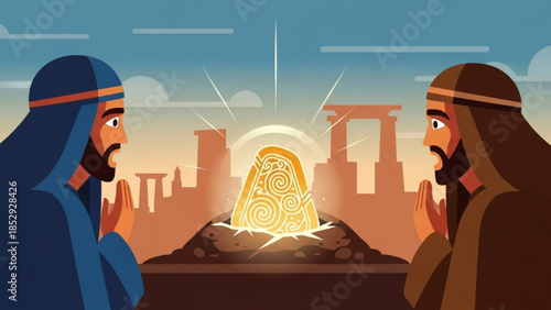 Two men in ancient attire gaze in awe at a glowing ornate stone artifact representing discovery and historical mystery with ruins in the background