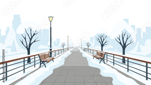 A serene snowy park path lined with benches and lampposts, surrounded by bare trees, stretches towards a distant cityscape under a winter sky.