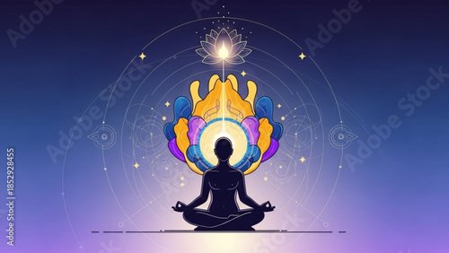 Silhouette of a person meditating in lotus pose surrounded by colorful spiritual energy and cosmic patterns representing inner peace and enlightenment