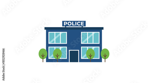 A blue police station building with trees in front.