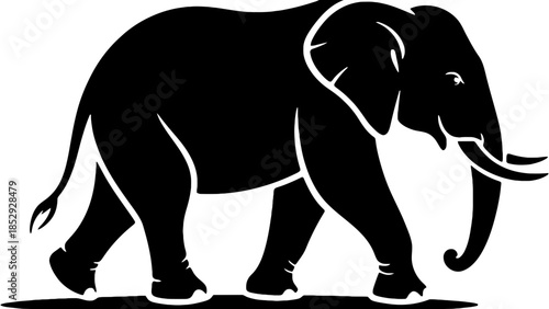 A black silhouette of an elephant walking across a white background.