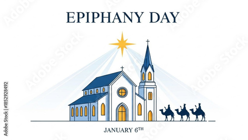 Epiphany Day church illustration with the Three Wise Men on camels celebrating January 6th with a guiding star perfect for religious or holiday themes
