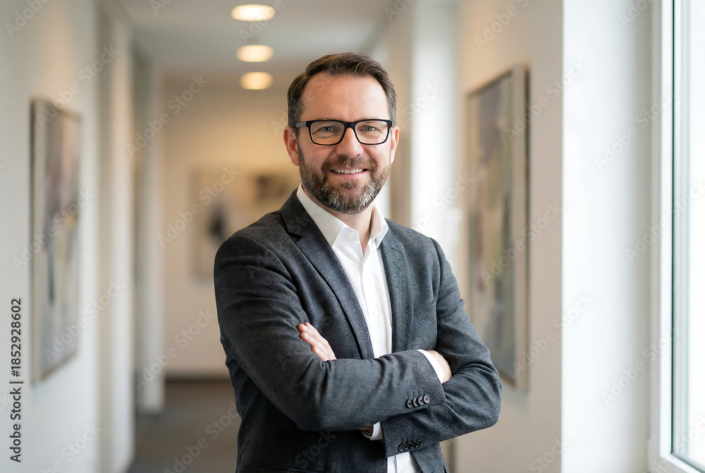 Obraz premium a professional man with a beard and glasses stands in a modern office corridor looking at the camera with a