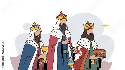 Three Wise Men with gifts flat illustration of biblical figures in colorful robes and crowns representing Christmas nativity story for religious concepts